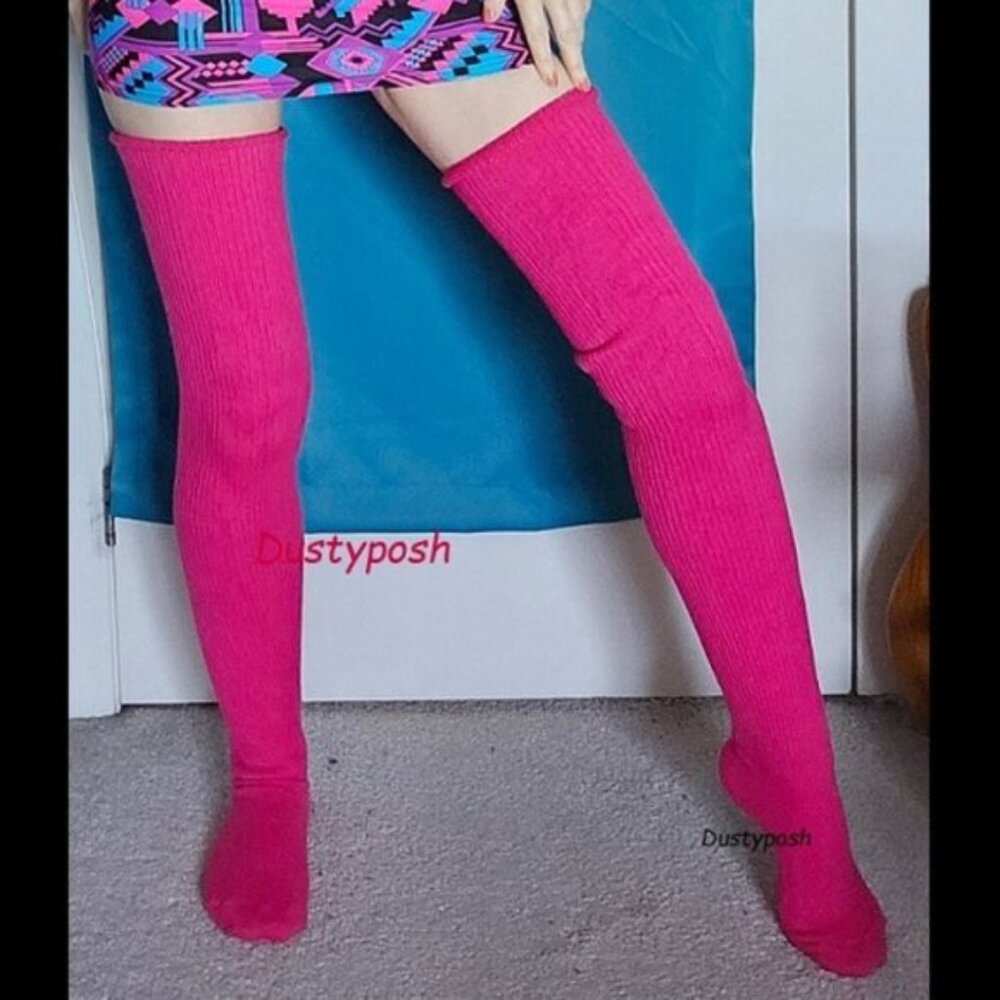 Extra Long Thigh High Loose Socks Cozy Over Knee Pink White Black Retro 80's